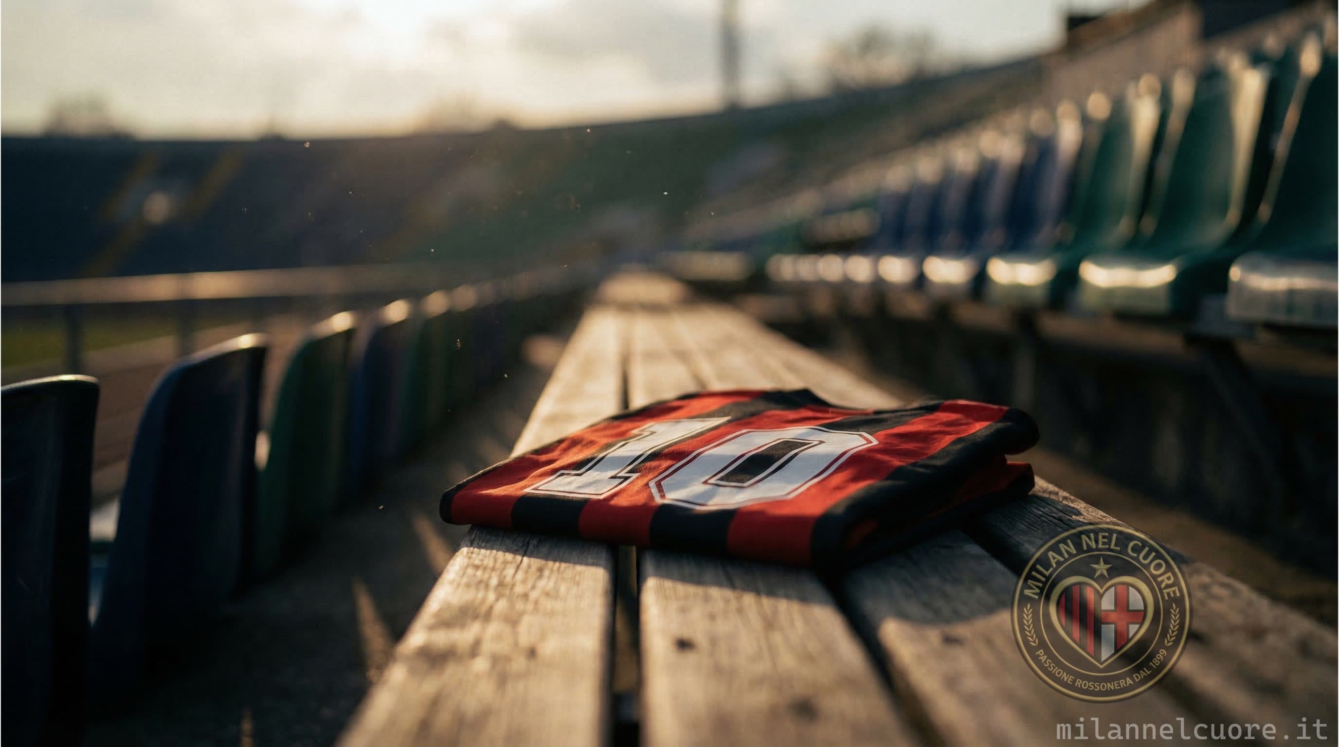 Red and black striped jersey number 10 folded on an empty stadium bench