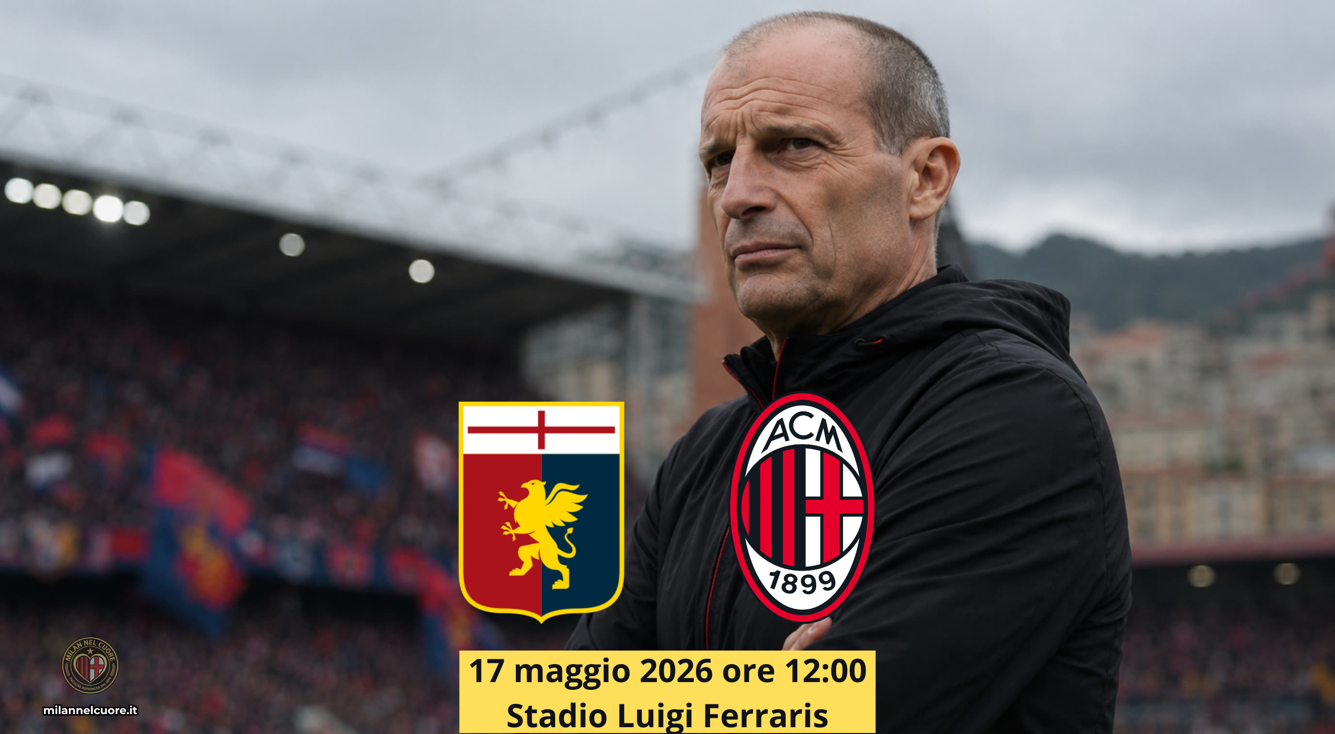 Allegri pensieroso a bordo campo al Marassi alla vigilia di Genoa-Milan, 37a giornata di Serie A 2025/26