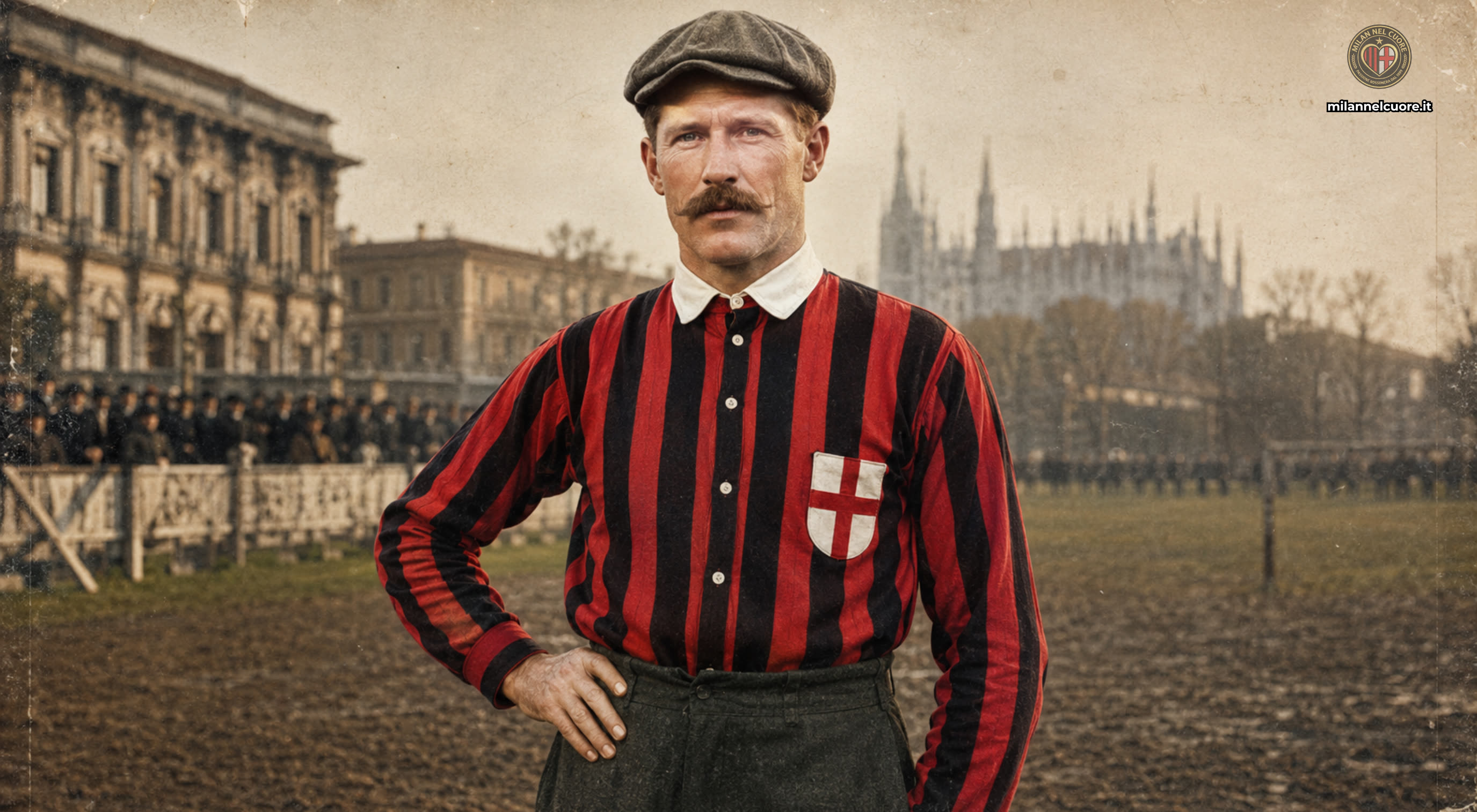 Herbert Kilpin, founder of AC Milan, posing in the original red-and-black vertical-striped shirt with a stiff white collar, flat cap and his trademark handlebar moustache