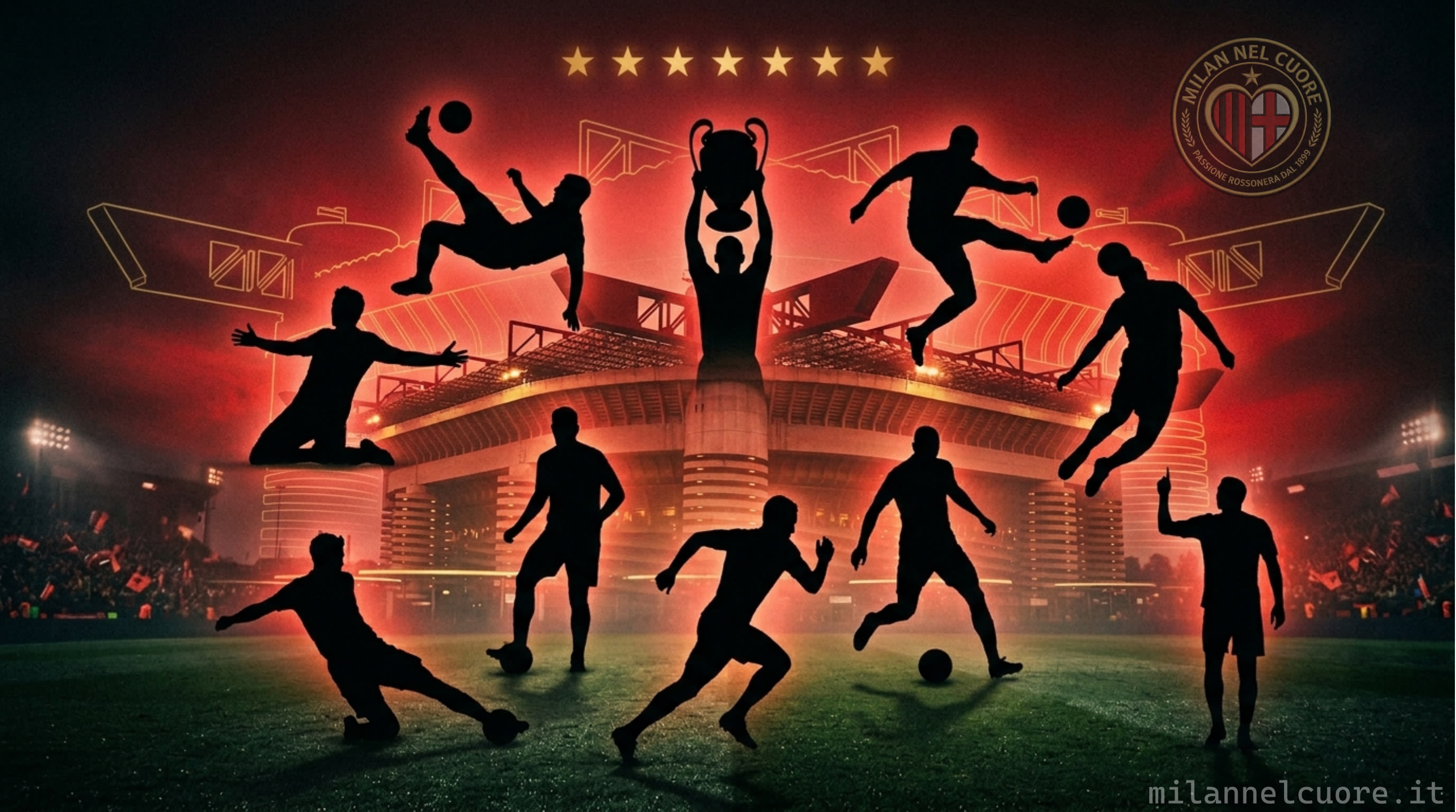 Collage delle leggende del Milan: Maldini, Baresi, Van Basten, Rivera, Nordahl, Shevchenko, Kak&aacute;, Gullit, Rijkaard e Pirlo