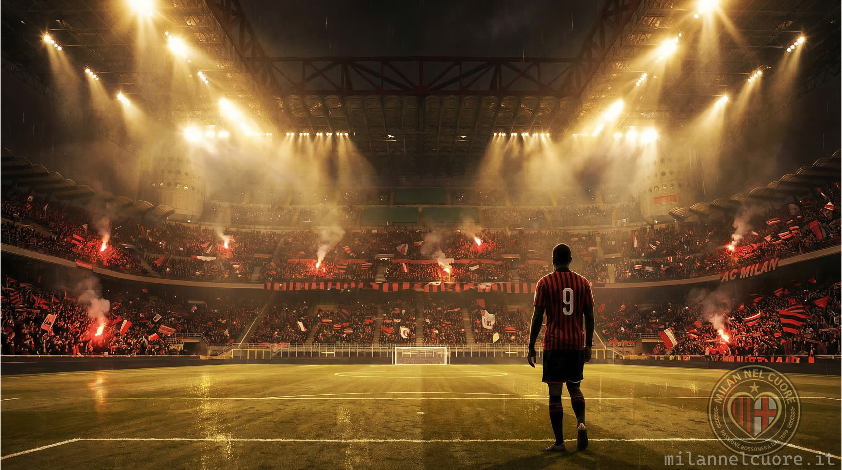 Sagoma di un centravanti in maglia rossonera che calcia verso la porta sotto le luci di San Siro