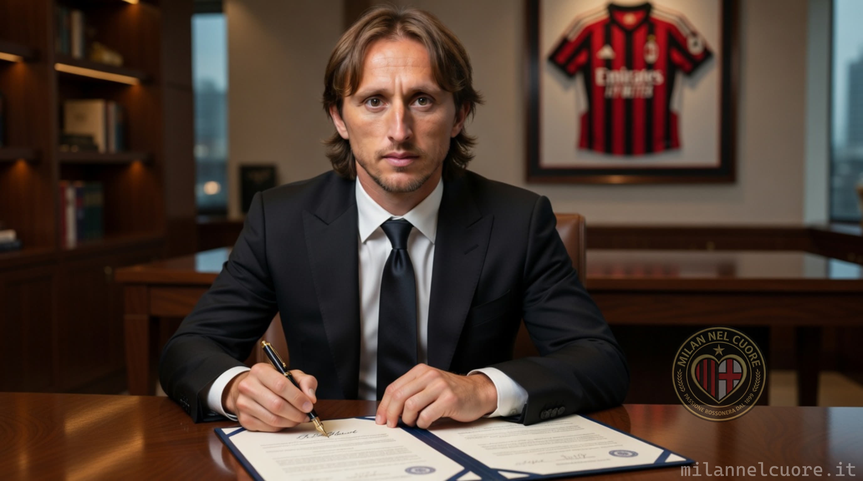 Luka Modric wearing the AC Milan shirt with the Champions League logo in the background