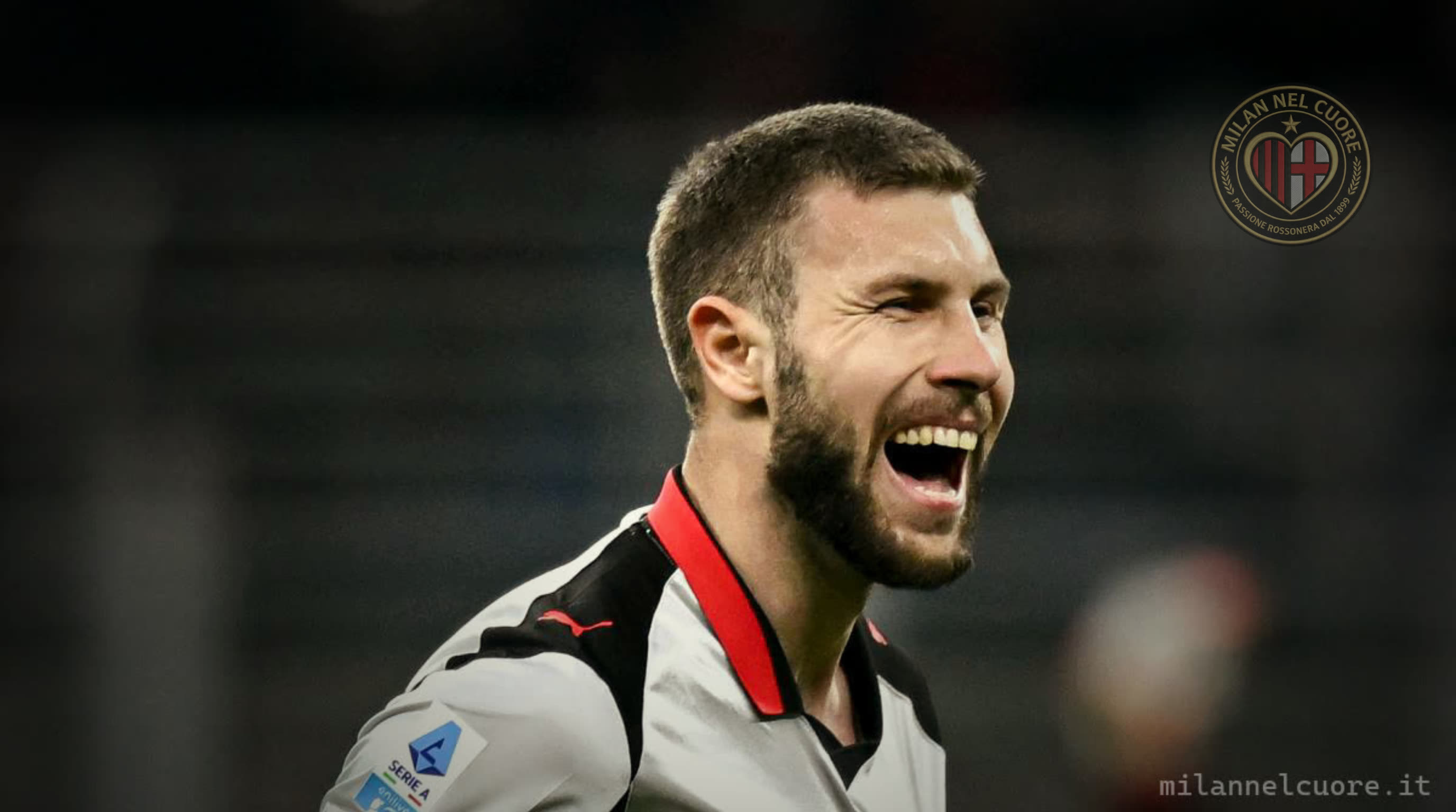 Strahinja Pavlovic in the Milan Rossoneri shirt celebrates after scoring a goal