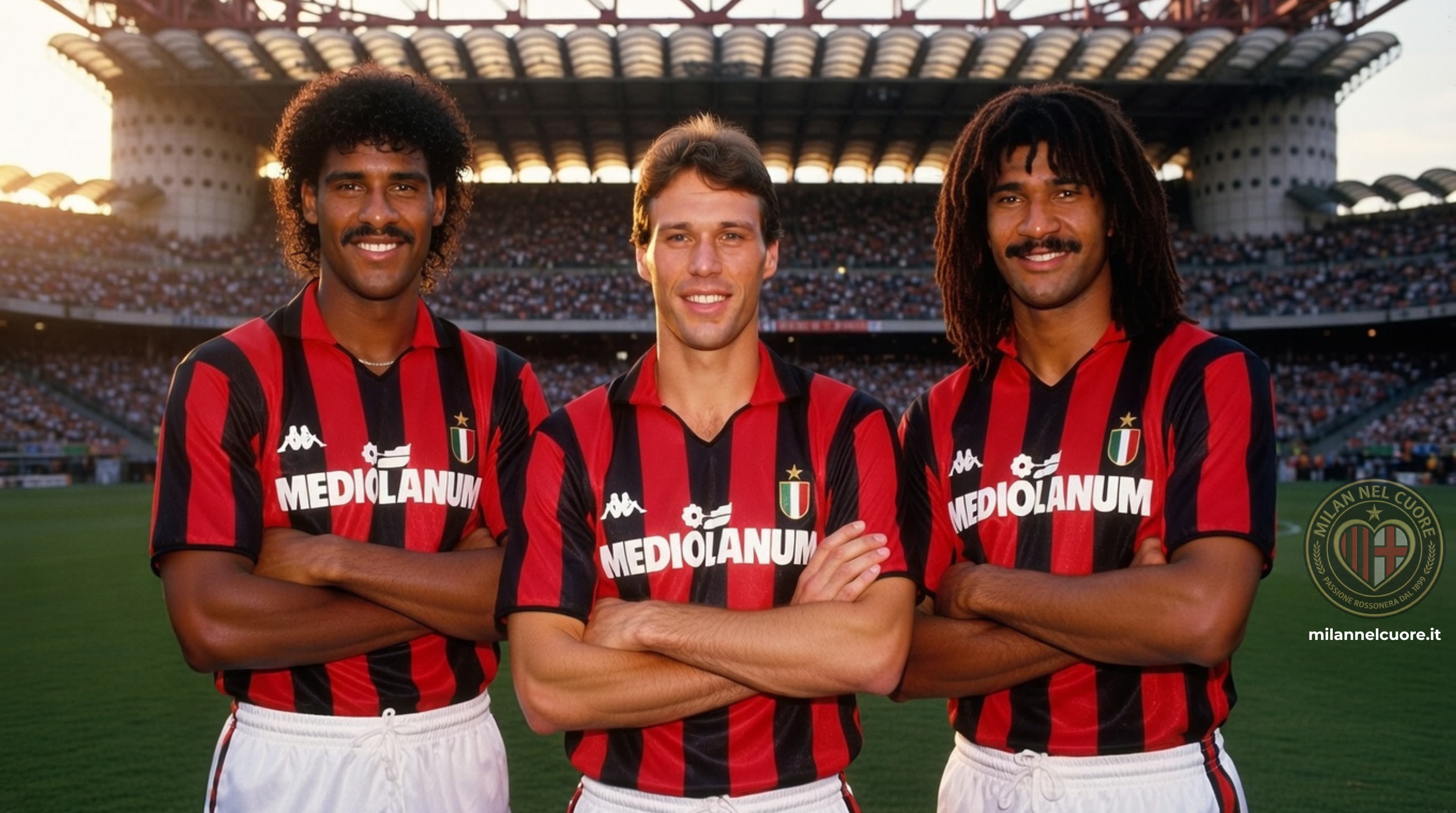 Ruud Gullit, Marco van Basten and Frank Rijkaard wearing the AC Milan shirt in the late 1980s